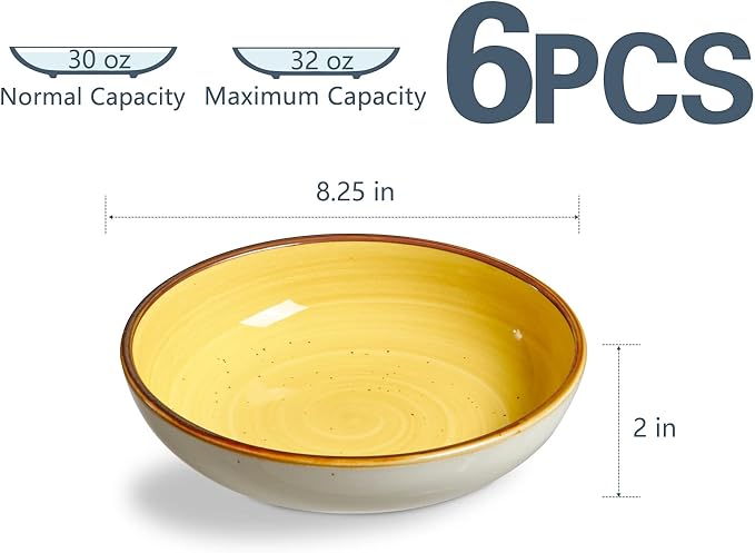 ONEMORE Porcelain Pasta Bowl 30 Oz, Large Ceramic Salad Serving Bowl/Oven, Set of 6 Kitchen Dinnerware, Microwave and Dishwasher Safe, Easy to Clean, Yellow