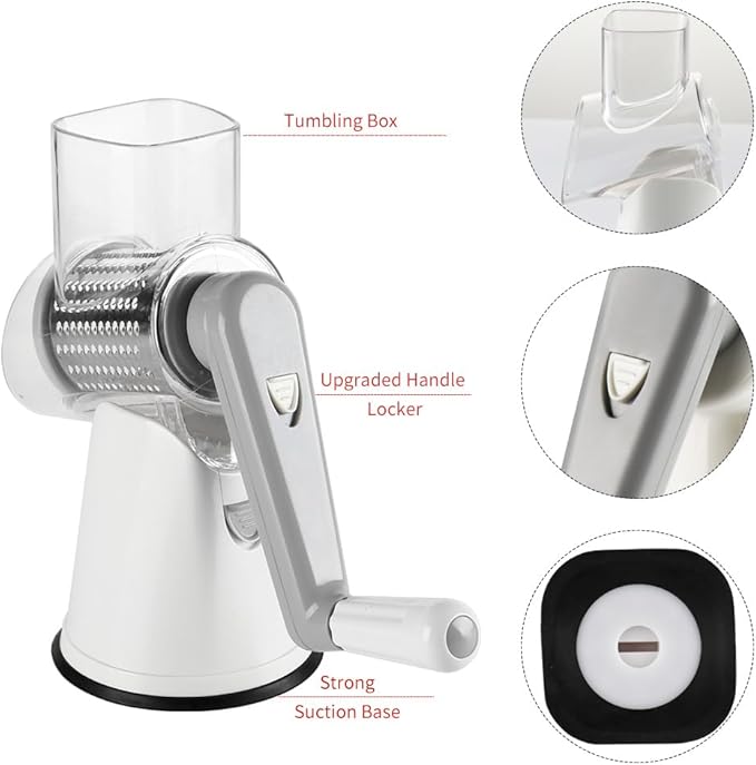 Cambom Rotary Cheese Grater Hand Crank Cheese Shredder for Fresh Cheese, Vegetable, Nuts,Non-slip Suction Base, Free Cleaning Brush Three Blades, White