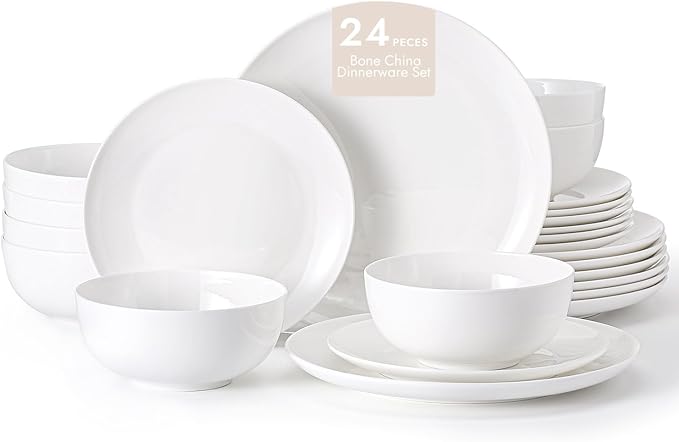 KINGSTONE Bone China Dinnerware Sets, 24-Piece Dinnerware Set for 8, Lightweight Durable, Dishwasher Safe, Tableware for Daily Use with Elegant Design, White