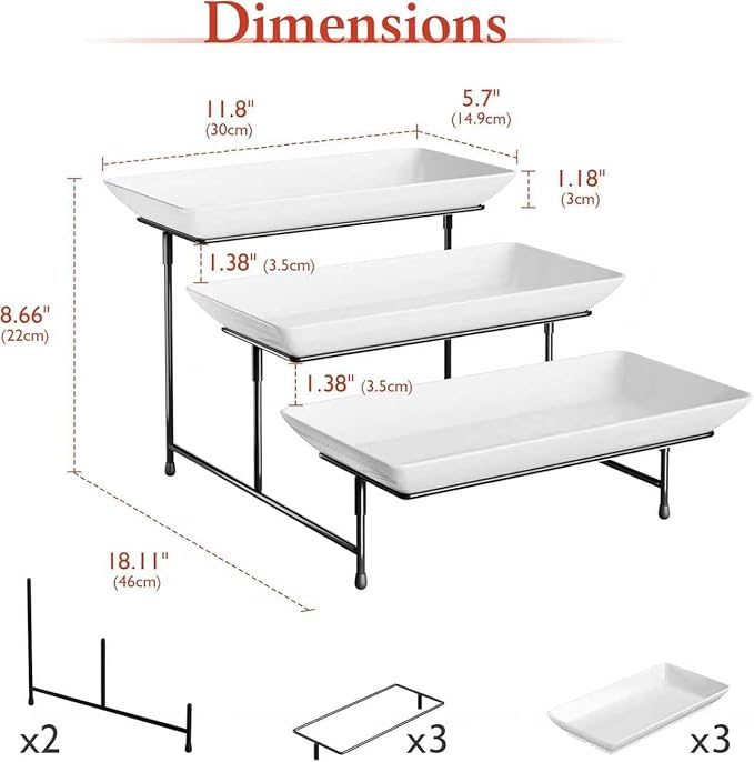 3 Tier Plastic Serving Tray for Party, 11.5" x 5.6" Platters for Serving Food, Microwave-Safe, White Reusable Trays with Black Metal Display Stand for Cupcakes, Sevring Food, Dessert, Fruit, Black