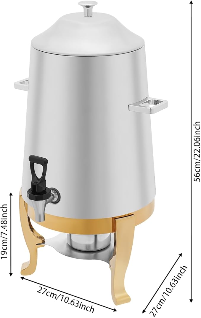 Coffee Urn with Fuel Holder 3.5 Gal/13L, Stainless Steel Beverage Dispenser Hot Drink Dispenser with Stand, Tea Water Coffee Chafer Urn for Parties Buffet Catering Commercial Home (Gold Holder)