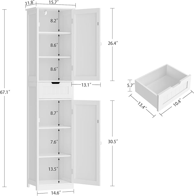 Iwell 67" Tall Bathroom Cabinet, Storage Cabinet with 2 Doors & 1 Drawer, Bathroom Storage Cabinets with Adjustable Shelves, for Living Room, Entryway, Home Office, White