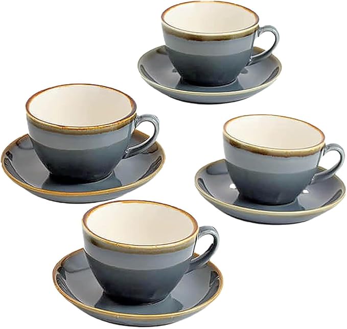 SHUER Ceramic Cappuccino Cup Set of 4, 7.8 OZ Cups and Saucers Set,Coffee Mocha Cup Sets,Black Coffee Cups and Glaze Americano Mugs Great for Party and Low Tea Time (Blue 220ml)