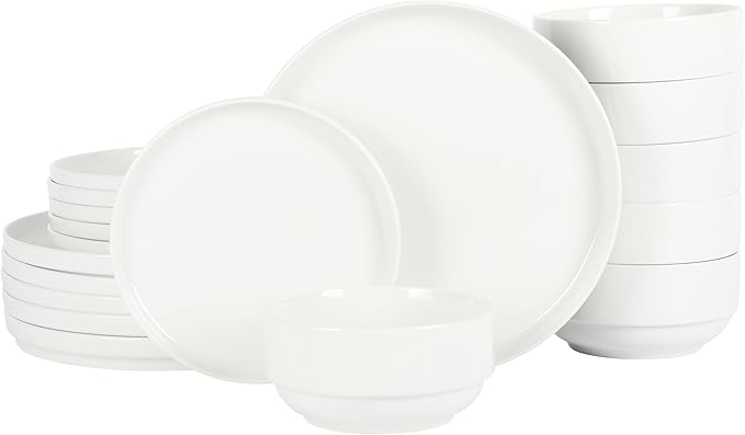 Gibson Home Rothernberg 18-Piece Stackable Porcelain Dinnerware Set, Service for 6 – White Plates and Bowls, Microwave & Dishwasher Safe