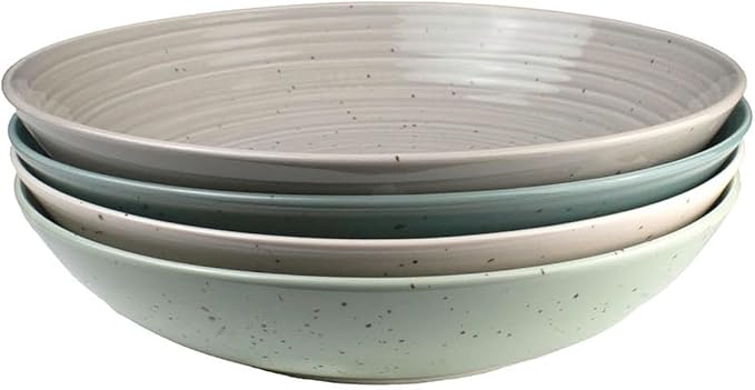 Sango Siterra Artist's Blend Stoneware Pasta Bowls (Set of 4) Multi Assorted Colors– Featuring Soft Gray, Blue, Green, and Ivory, for Everyday Dining & Entertainment, Microwave & Dishwasher Safe