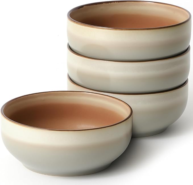 Ceramic Cereal Bowls Set of 4, 21 oz Stoneware Bowls for Soup, Salad, Dessert or Ice Cream - Stackable, Dishwasher & Microwave Safe, Small Rustic Bowls for Kitchen -Terracotta/Reactive Glaze