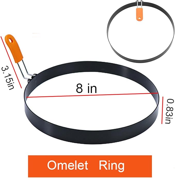4 Packs Large 8 Inch Omelette Ring for Griddle, Non-Stick Stainless Steel 8" Griddle Omelet Rings,Large Omelet Mold Pancake Ring Mold Crumpet Circle Silicone Handle with Spatula and Oil Brush