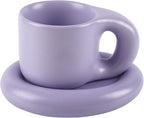 Koythin Ceramic Coffee Chubby Mug Saucer Set, Creative Cute Fat Handle Cup with Saucer for Office and Home, Dishwasher and Microwave Safe, 10 oz for Latte Tea Milk (Light Purple)