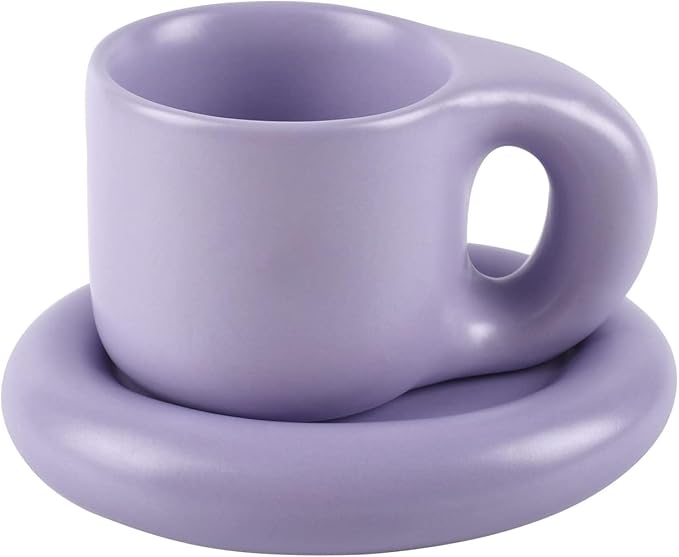 Koythin Ceramic Coffee Chubby Mug Saucer Set, Creative Cute Fat Handle Cup with Saucer for Office and Home, Dishwasher and Microwave Safe, 10 oz for Latte Tea Milk (Light Purple)
