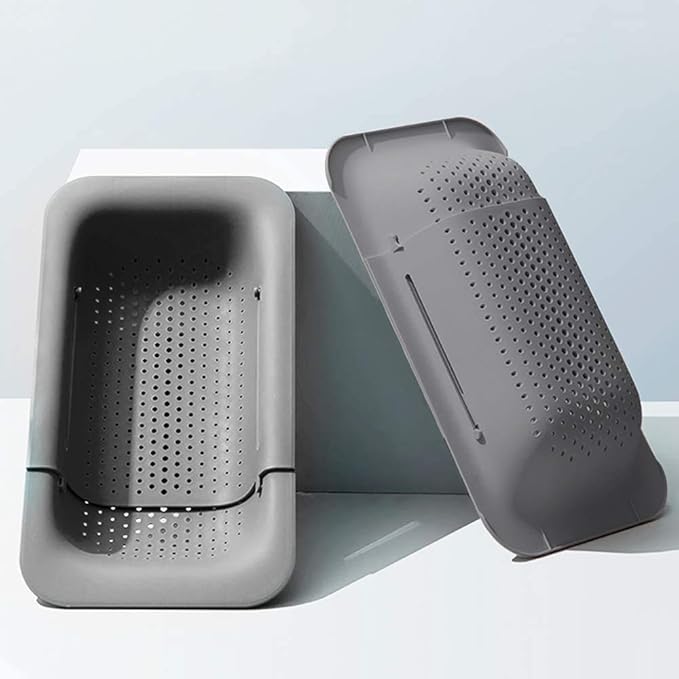 Collapsible Sink Colanders and Strainers Basket Over the Sink Colander Collapsible Colander Extendable Plastic Fruit Vegetable Strainer Drainer Basket for Kitchen (Length 14.3 inch-19.4 inch) (Gray)