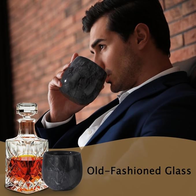 Marble Whiskey Glasses, Bourbon Gifts for Men, Old Fashioned Bourbon Drinking Glass Freezable, Christmas, Anniversary, Birthday Gifts(1 Black)