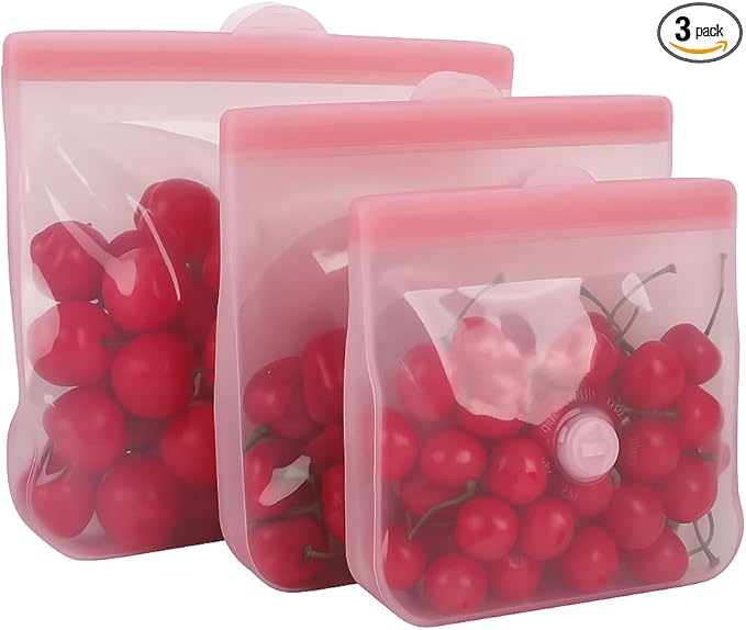 Reusable Silicone Food Storage Bags – Premium Eco-Friendly Multi-Size Set (650ml/1300ml/2000ml), Leakproof, BPA-Free, Freezer & Microwave Safe, Dishwasher Friendly (Pink)