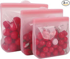 Reusable Silicone Food Storage Bags – Premium Eco-Friendly Multi-Size Set (650ml/1300ml/2000ml), Leakproof, BPA-Free, Freezer & Microwave Safe, Dishwasher Friendly (Pink)
