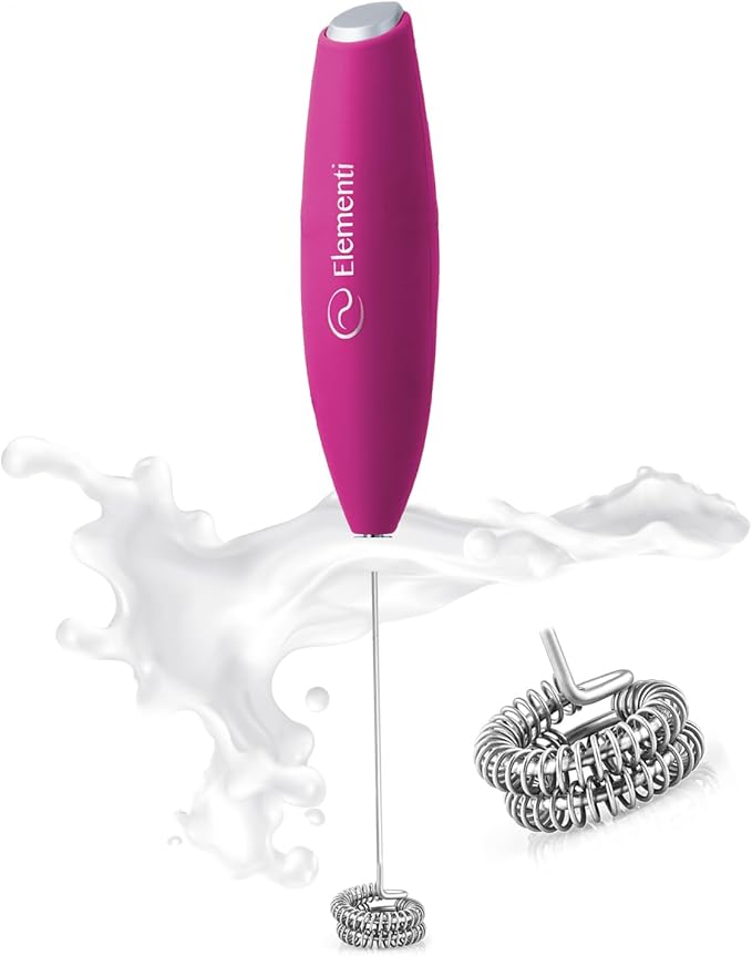 Elementi Pink Milk Frother Handheld - Coffee Frother Electric Stirrer, Matcha Whisk & Drink Mixer Handheld - Frothing Wand - Electric Whisk For Coffee (Hot Pink)