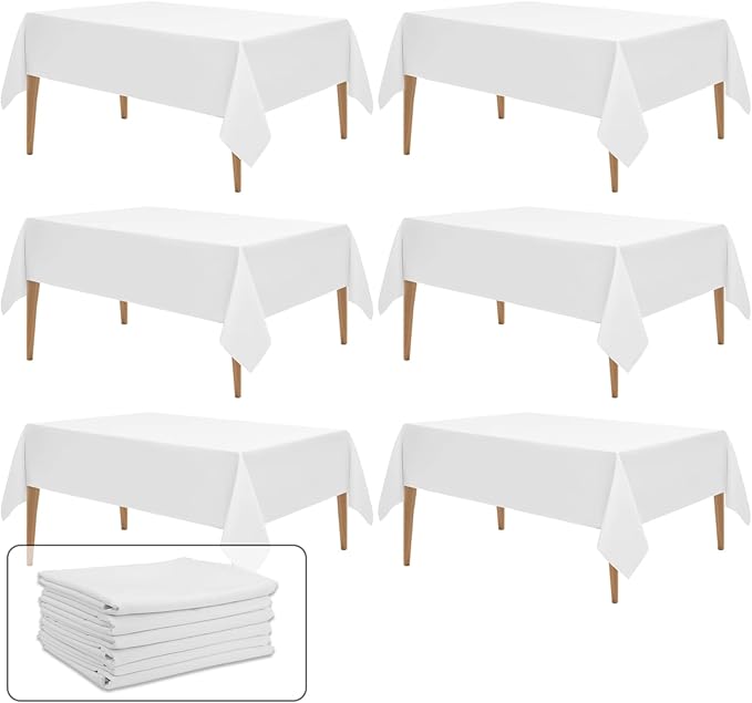 6 Pack White Table Cloth Rectangle 60x84 Inch Polyester Tablecloths for 5ft Rectangle Tables - Reusable Wrinkle Resistant Washable Cloth Cover for Wedding Banquet Party | Hemmed Edges