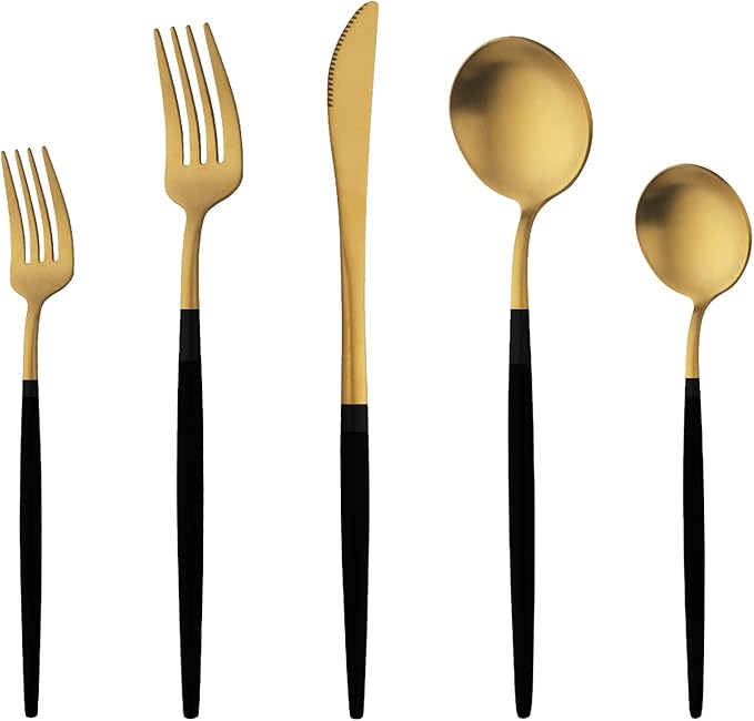 40 Pieces Matte Black&Gold Silverware Set, Stainless Steel Black&Gold Flatware Set for 8, Satin Finish Spoons and Forks Silverware Set, Black&Gold Cutlery Utensils Set, Dishwasher Safe