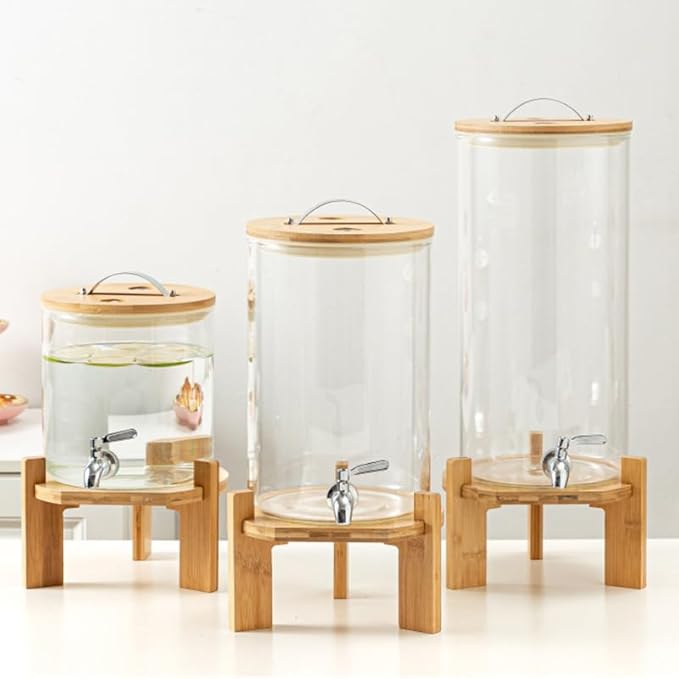 Glass Drink Dispenser, 2.9 gallons, With faucet wood stand Easy flow control, great for parties, bars & restaurants Large Glass Cold Beverage Dispensers.(2.9 gallon)