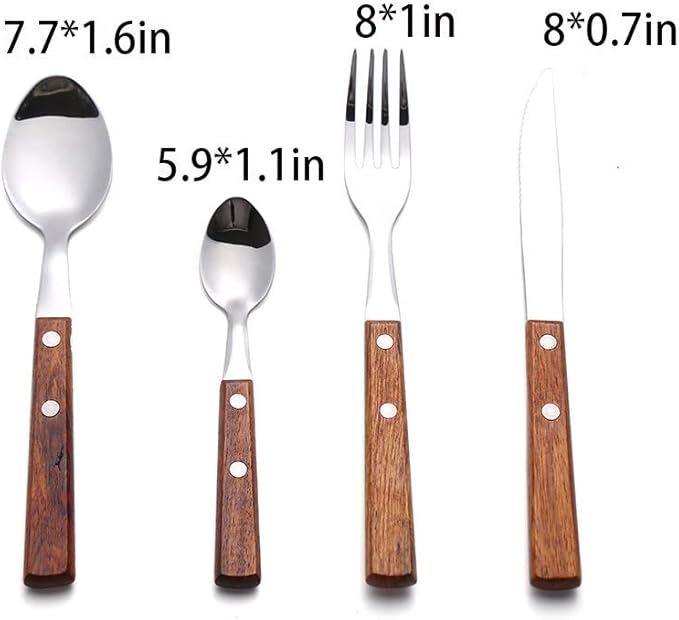 Forks and Spoons Silverware Set, HAPPY KIT Wooden Handle Flatware Set 16-Piece (4 Sets) 18/8 Stainless Steel Cutlery Set Wooden Spoons Dinner Knife Dinner Fork and Spoon Set