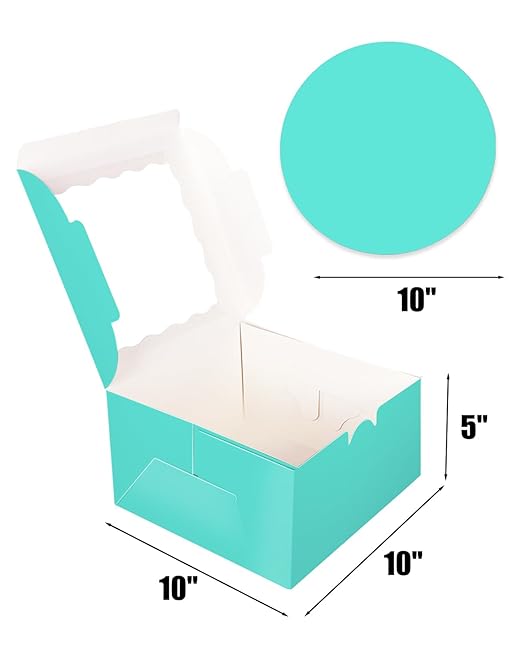 qiqee 10x10x5 Cake Box, 18 Sets Mint Blue Cake Box with Window ＆ 18 Sets 10" Mint Blue Cake Round Boards, 10inch Cake Containers
