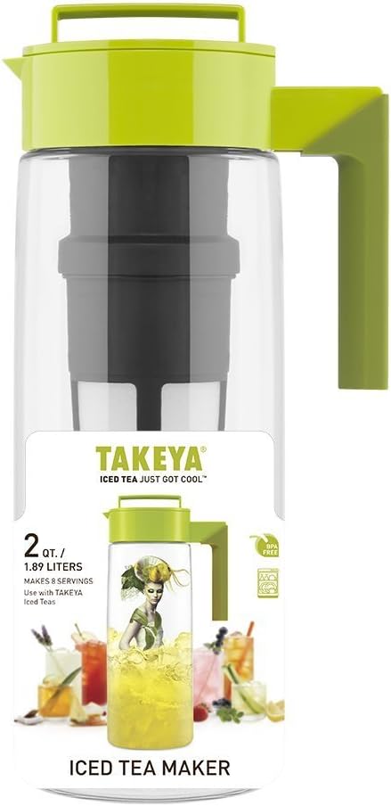 Takeya Flash Chill Iced Tea Maker - Airtight & Durable Iced Tea Maker Jug with Silicone Carry Handle - Leak-Proof & Lightweight Tea Infuser with Patented Flash Chill Technology - 2 Quart, Avocado