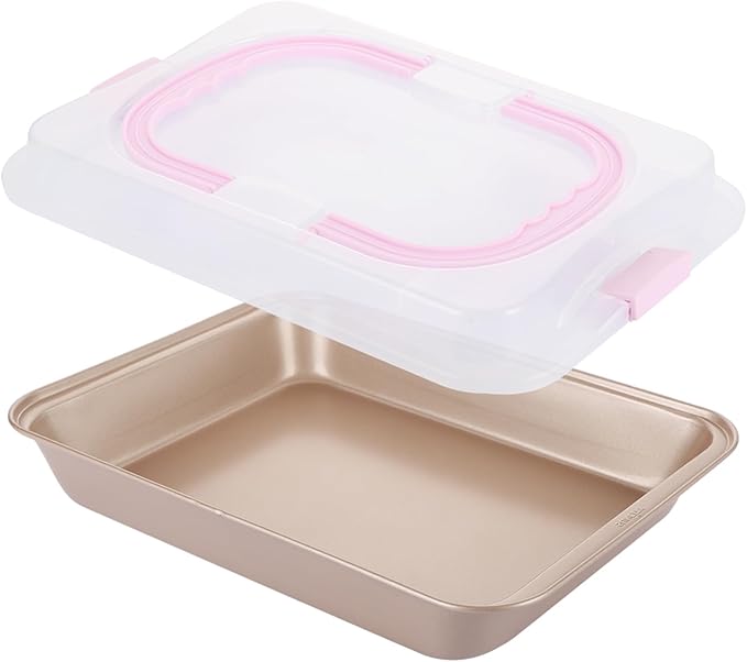 Non-Stick Cake Pan with Lid 9x13 Inch Gold Baking Cake Pan with Plastic Lid, High Sided Sheet Bakeware for Cakes, Brownies, Casseroles