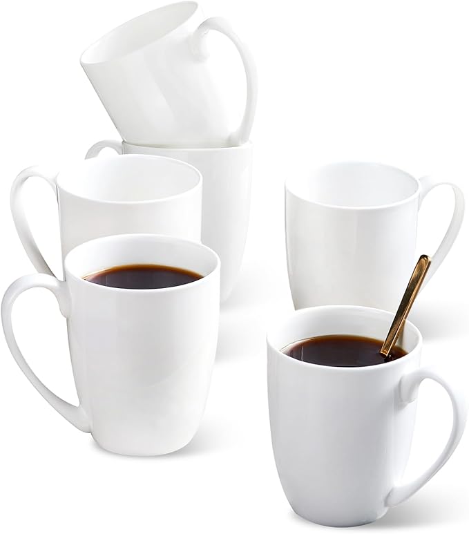 White Thin Over 45% Bone Content Fine Bone China Coffee Mugs 10 oz, Lightweight Porcelain Cups for Espresso Latte Mocha Cappuccino, Luxury Ceramic Tea Cup, Set of 6 Dishwasher Microwave Freezer Safe