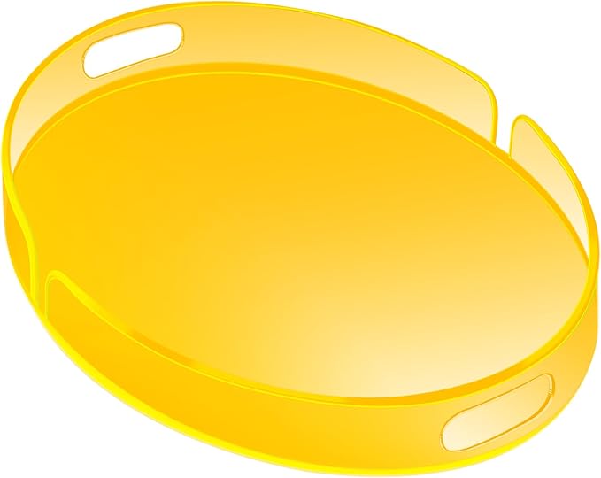 Acrylic Serving Tray with Handles Large Decorative Ottoman Tray 17x13'' Round for Bathroom Food Coffee Fruit Snack Tea Dinner Living Room, Neon Yellow
