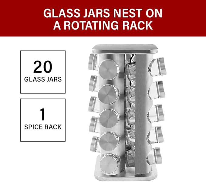 Orii 20 Jar Stainless Steel Rotating Spice Rack - No Spices - Stainless Steel Lids and Glass Jars