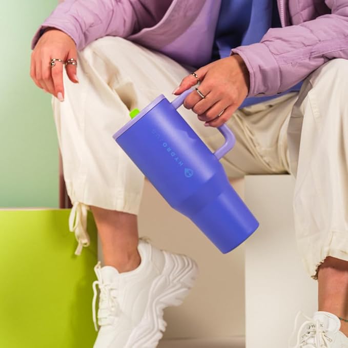 HydroJug Traveler - 32 oz Water Bottle with Handle & Flip Straw - Fits in Cup Holder, Leak Resistant Tumbler-Reusable Insulated Stainless Steel & Rubber Base - Gifts for Women & Men, Lime Rickey