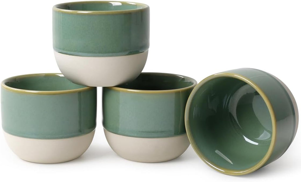4oz Espresso Cups Set of 4, Green Ceramic Demitasse Coffee Cups for Espresso, Latte, Cappuccino – Two-Tone Stackable Small Mugs for Home, Cafe, Restaurant – Dishwasher & Microwave Safe