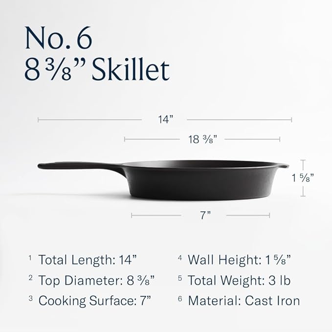 Field Company 8.38-Inch Cast Iron Skillet – Pre-Seasoned Frying Pan for Searing, Baking & Everyday Cooking, Lighter & Easy to Handle, Smooth, Made in USA (No.6, 1–2 Servings)