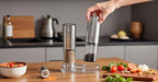 Automatic Salt and Pepper Grinder Set – Rechargeable Stainless Steel Mills with Adjustable Coarseness, One-Handed Operation, LED Light & Storage Base