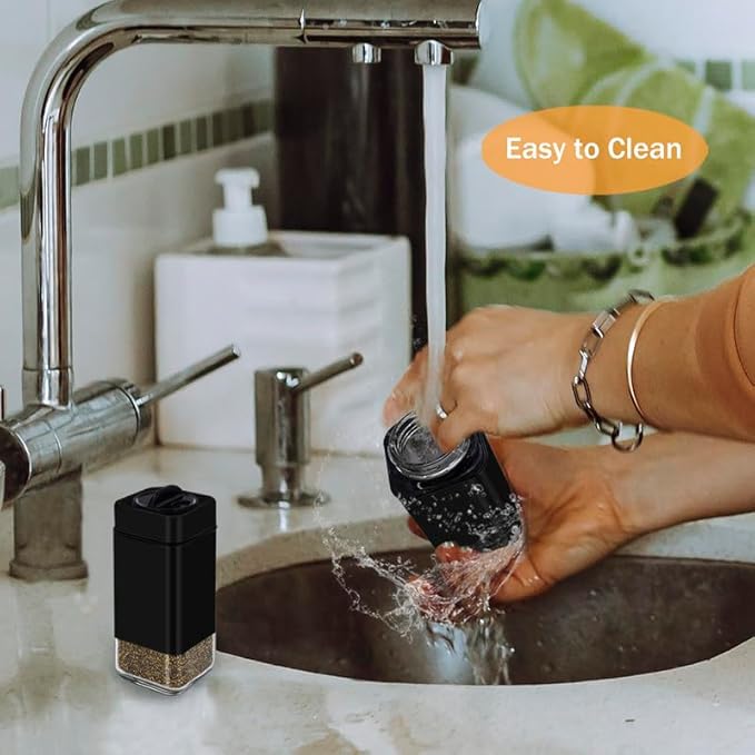 Black Salt and Pepper Shakers by Aelga, Glass Salt Shaker Set with Adjustable Pour Holes, Ideal for Black Pepper, Kosher and Himalayan