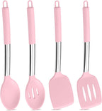 P&P CHEF Pink Kitchen Cooking Utensil Set of 4, Silicone Solid Spatulas Slotted Spoons Turners for Non-stick Cookware Flipping Mixing, Heat-proof