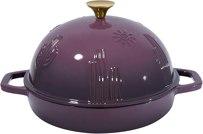 Cast Iron Bread Oven With Cloche Lid for Baking - Magenta Enameled Dutch Oven With Dome Lid for Sourdough - 2.6 qt