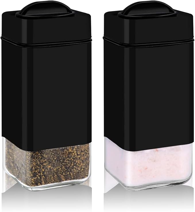 Black Salt and Pepper Shakers by Aelga, Glass Salt Shaker Set with Adjustable Pour Holes, Ideal for Black Pepper, Kosher and Himalayan