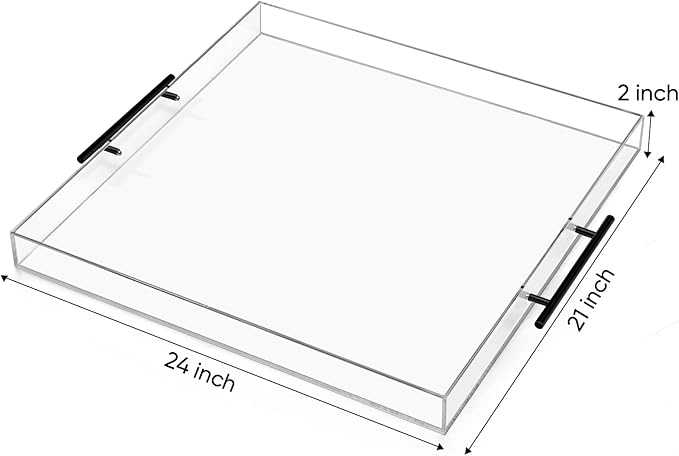 24×21 inches Oversized Clear Acrylic Ottoman Tray with Black Metal Handle and Safe Edge Extra Large Spill-Proof for Serving,Decorative King-Size Organizer Tray for Coffee Table Countertop