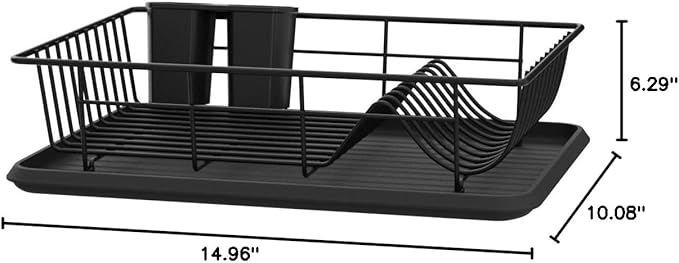 GSlife Small Dish Drying Rack - Dish Racks for RV Small Kitchen Counter, Space-Saving Dish Drainer with Drainboard, Utensil Holder, Dish Holder for Sink, 15" D x 10" L, Black