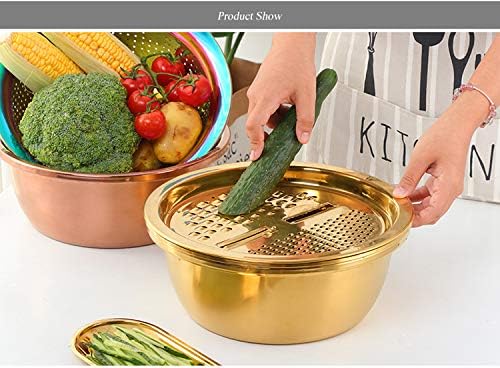 3PC/Set Colander set Stainless Steel Vegetable Slicer Fruit Potato Peeler Carrot Grater Strainer Utensil Round Rice Washer Bowl Drain Basket-Rainbow Color