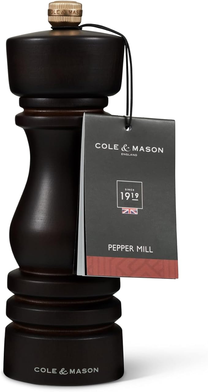 Cole & Mason London Refillable Spice Mill - Kitchen & Home Accessory - Table Black Pepper Grinder - Pepper Mill with Carbon Steel Mechanism - 7", Chocolate Wood