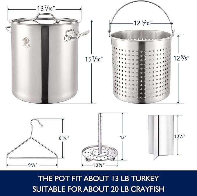 ARC 40QT Seafood Boiling Kit, 200,000BTU Propane Burner And Stainless Steel Crawfish Boil Pot w/Basket and Steamer Rack, For Outdoors Cooking and Steaming, Large Turkey Fryer, Lobster Shrimp Pot