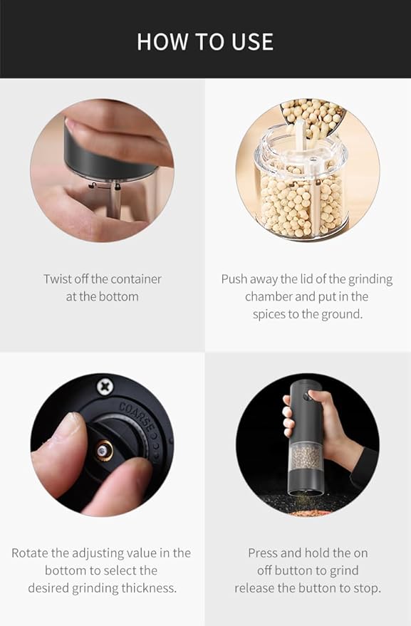 Electric Pepper Grinder or Salt Mill, Battery Operated Automatic Pepper Mill with LED Light, One-handed Operation Button Control, Adjustable Coarseness, Refillable, 70ml, Black (1 Pack)