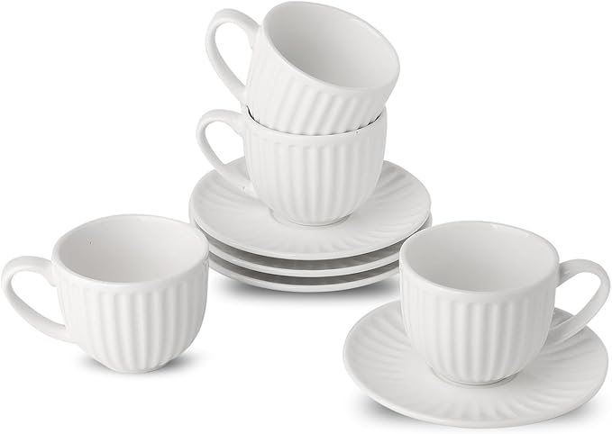 Hasense 4 Oz Espresso Cups with Saucers Set of 4, Ribbed Cappuccino Cups Ceramic for Coffee,Espresso,Double shot,Latte and Macchiato, Demitasse Cups Set Aesthetic Gift, White