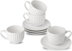 Hasense 4 Oz Espresso Cups with Saucers Set of 4, Ribbed Cappuccino Cups Ceramic for Coffee,Espresso,Double shot,Latte and Macchiato, Demitasse Cups Set Aesthetic Gift, White