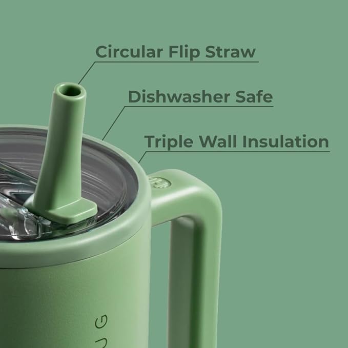 HydroJug Traveler - 32 oz Water Bottle with Handle & Flip Straw - Fits in Cup Holder, Leak Resistant Tumbler-Reusable Insulated Stainless Steel & Rubber Base - Gifts for Women & Men, Sage