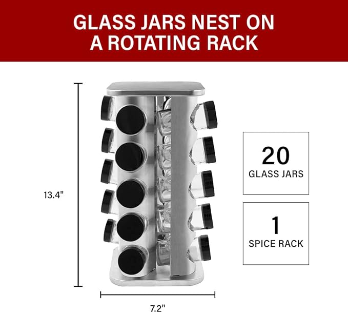 Orii 20 Jar Rotating Stainless Steel Spice Rack - No Spices - Black Lids