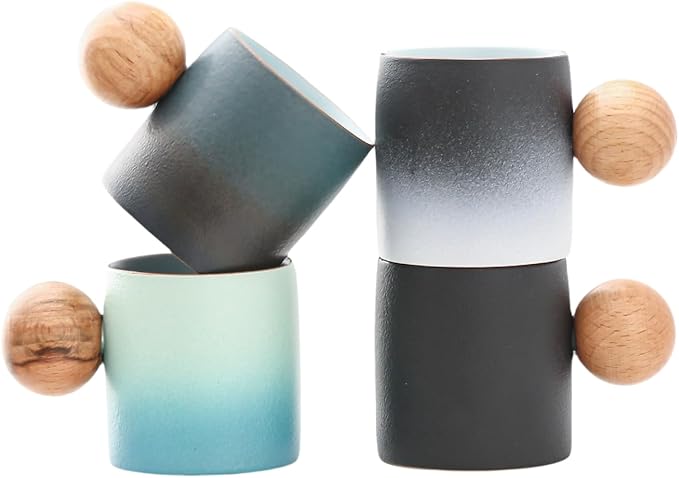 2-Oz Ceramic Espresso Cups with Wood Handle, 2/4-Piece Set for Coffee, Tea, Latte - Dishwasher Safe, Multi-Color & Wood Styles, Gift & Café Use (color4, Round Handle4)