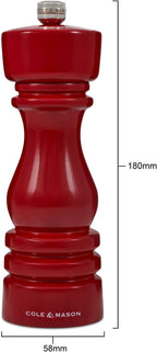 Cole & Mason London Refillable Spice Mill - Kitchen & Home Accessory - Table Black Pepper Grinder - Pepper Mill with Carbon Steel Mechanism - 7", Red Gloss
