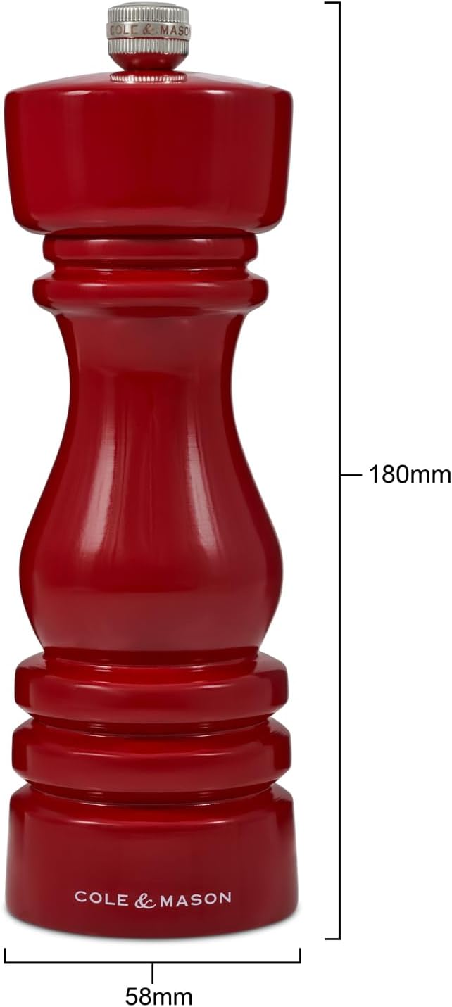 Cole & Mason London Refillable Spice Mill - Kitchen & Home Accessory - Table Black Pepper Grinder - Pepper Mill with Carbon Steel Mechanism - 7", Red Gloss