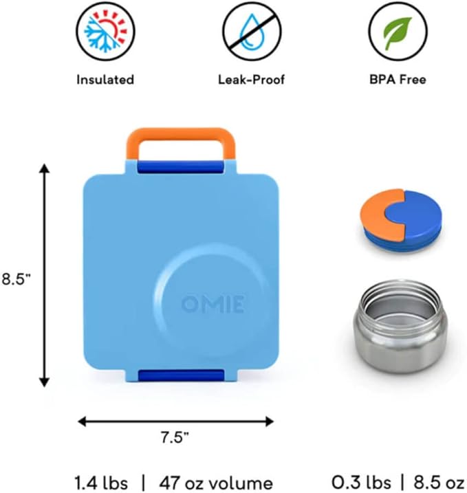 OmieBox Bento Box for Kids - Insulated Bento Lunch Box with Leak Proof Vacuum Insulated Food Jar - 3 Compartments, Two Temperature Zones (Blue Sky)